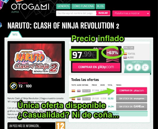 Muestra de precios dinámicos en Otogami